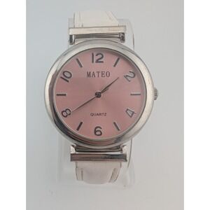 Mateo Watch Women‎ 38mm Case Pink Dial White Leather Band- New Battery